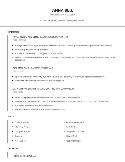 Human Resources Clerk Resume