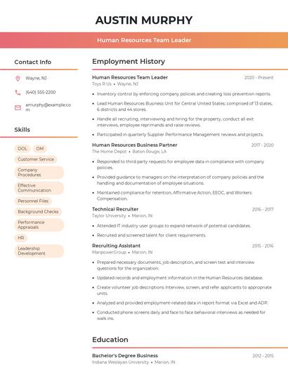 Human Resources Team Leader Resume