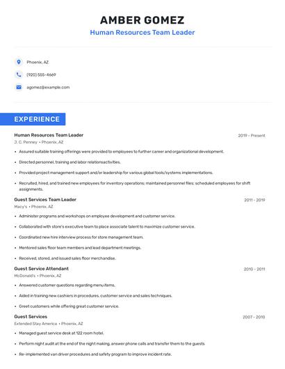 Human Resources Team Leader Resume