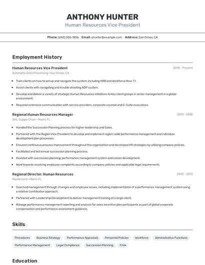 Human Resources Vice President Resume