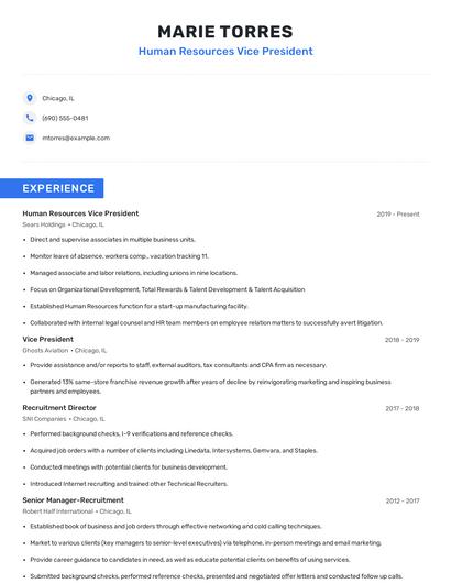 Human Resources Vice President Resume