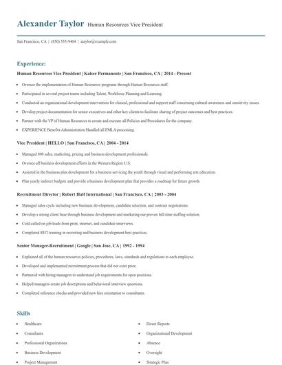 Human Resources Vice President Resume