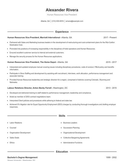 Human Resources Vice President Resume