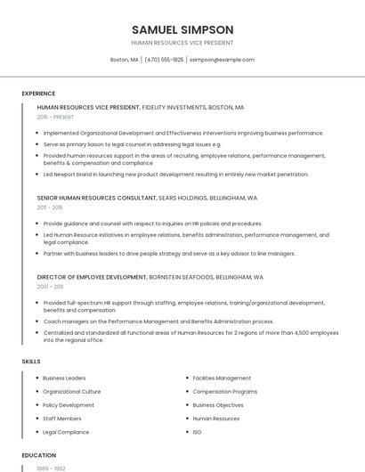 Human Resources Vice President Resume