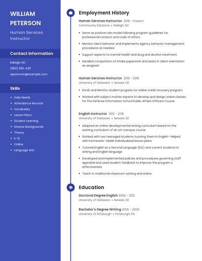 Human Services Instructor Resume