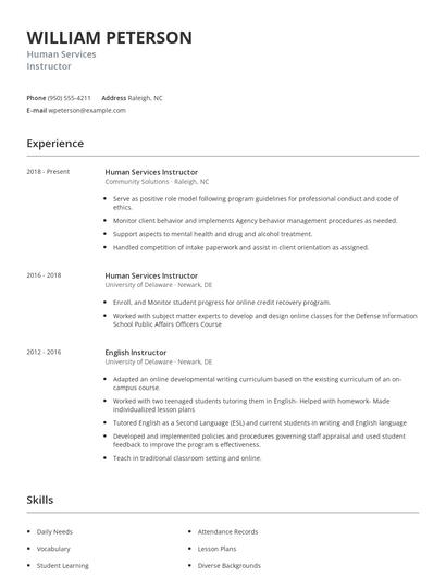 Human Services Instructor Resume