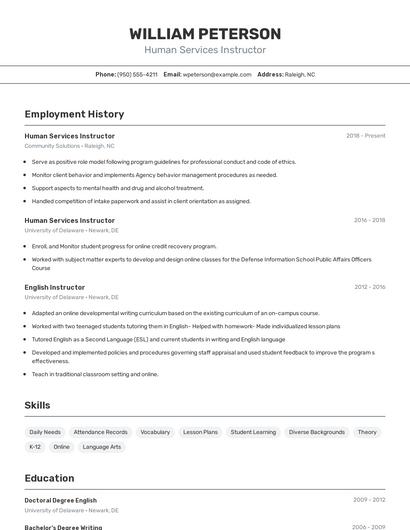 Human Services Instructor Resume