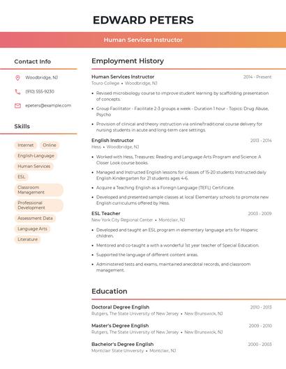 Human Services Instructor Resume