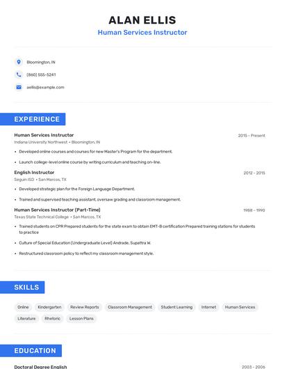 Human Services Instructor Resume