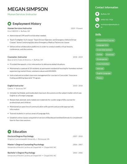 Human Services Instructor Resume