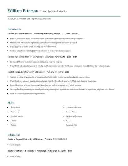 Human Services Instructor Resume