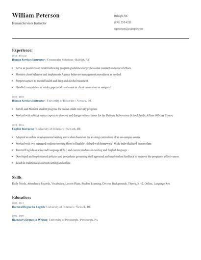 Human Services Instructor Resume