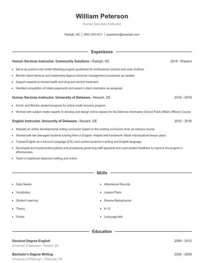 Human Services Instructor Resume