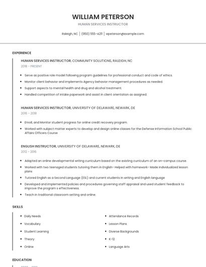 Human Services Instructor Resume