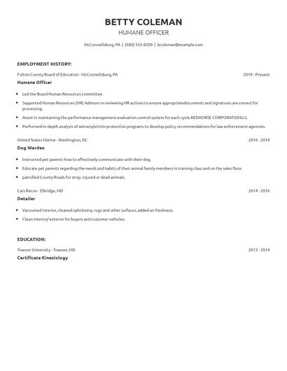Humane Officer Resume