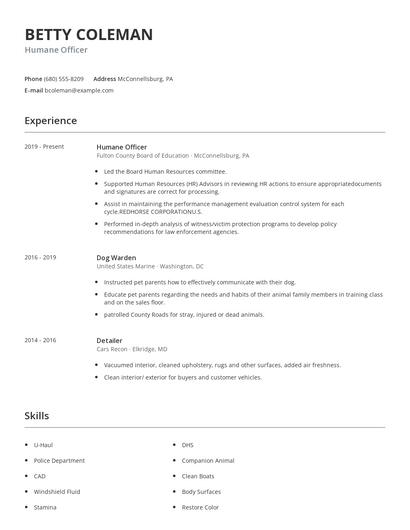 Humane Officer Resume
