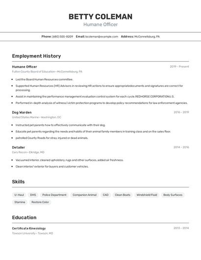 Humane Officer Resume