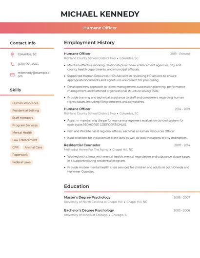 Humane Officer Resume