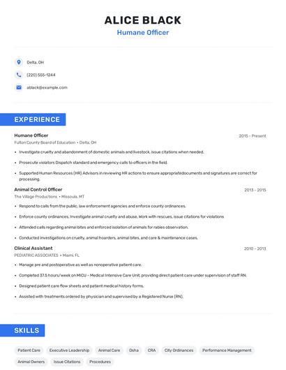 Humane Officer Resume