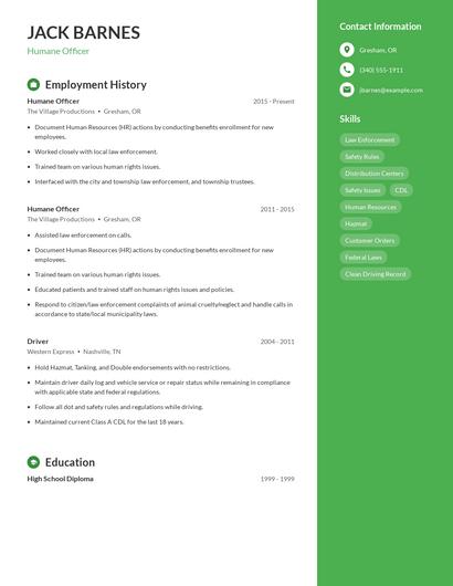Humane Officer Resume