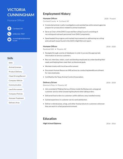 Humane Officer Resume