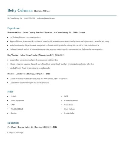 Humane Officer Resume