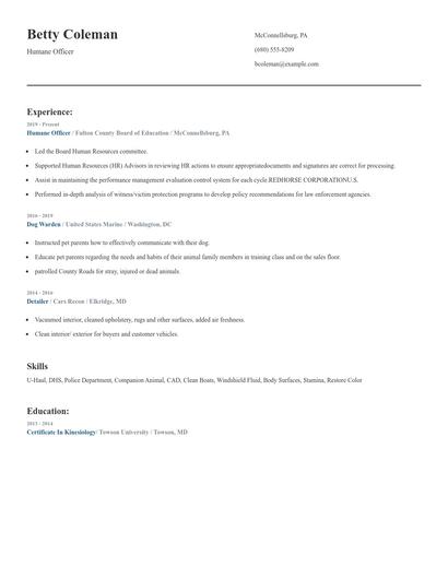 Humane Officer Resume