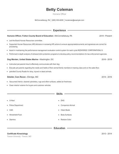 Humane Officer Resume