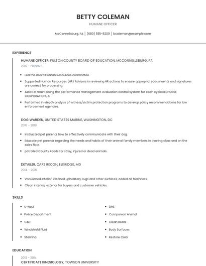 Humane Officer Resume