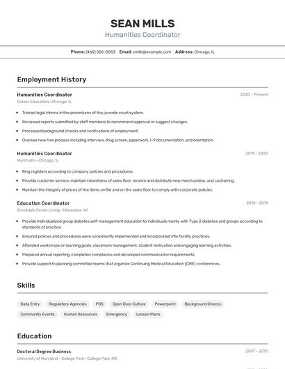Humanities Coordinator Resume