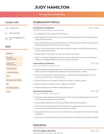 Humanities Coordinator Resume