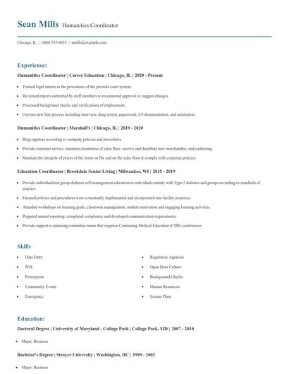 Humanities Coordinator Resume