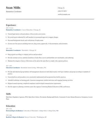 Humanities Coordinator Resume