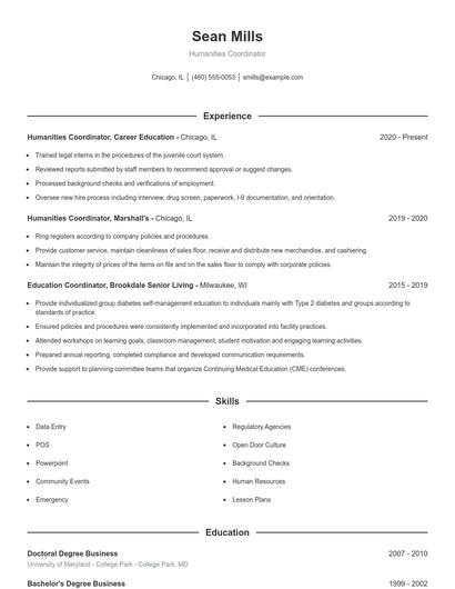 Humanities Coordinator Resume