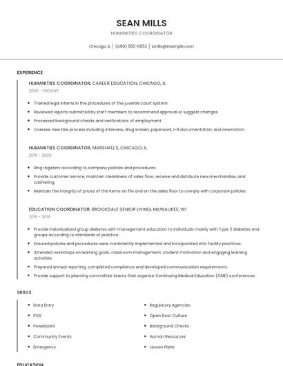 Humanities Coordinator Resume