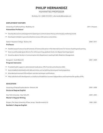 Humanities Professor Resume
