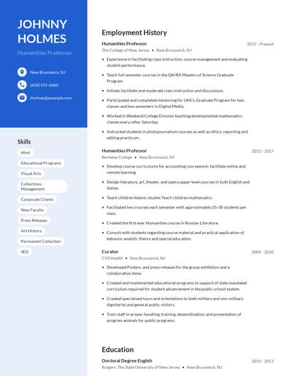 Humanities Professor Resume
