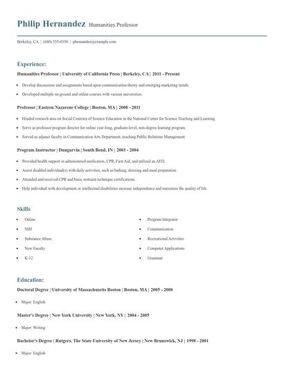 Humanities Professor Resume