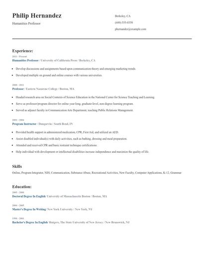 Humanities Professor Resume