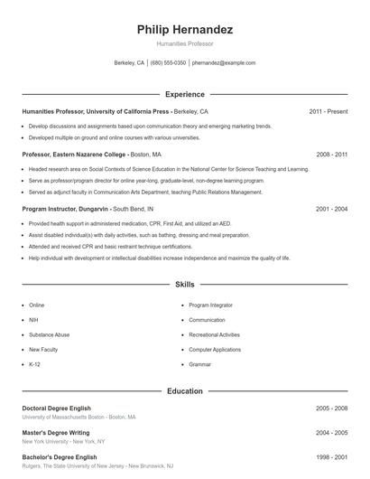 Humanities Professor Resume