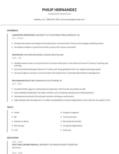 Humanities Professor Resume