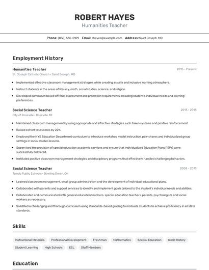 Humanities Teacher Resume