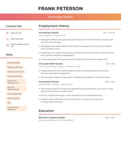 Humanities Teacher Resume