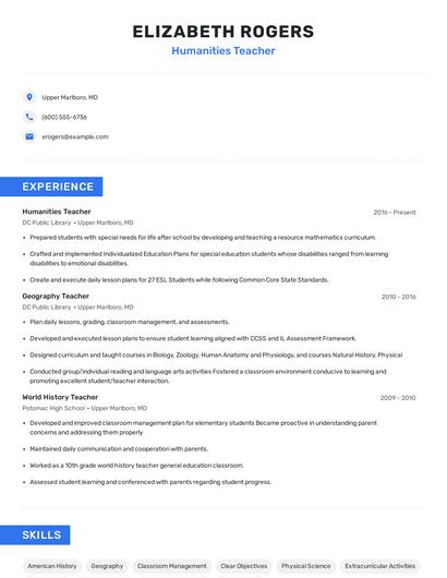 Humanities Teacher Resume