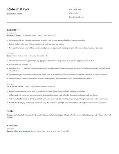 Humanities Teacher Resume