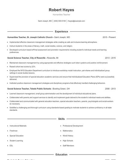 Humanities Teacher Resume