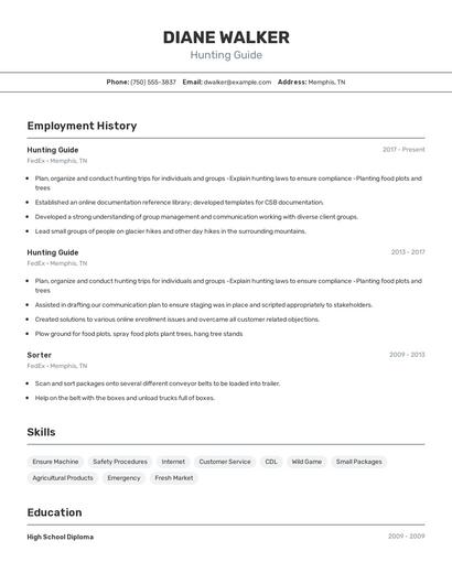 Hunting Guide Resume