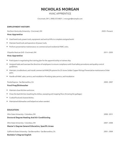 Hvac Apprentice Resume