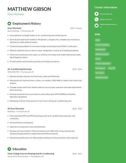 Hvac Mechanic Resume