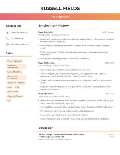 Hvac Specialist Resume